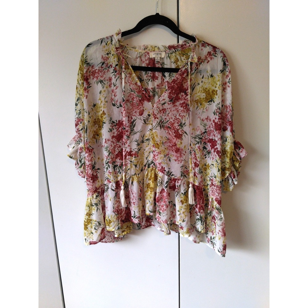 Womens Sheer Floral Ruffled Hem Top Size M Peasant Boho Chic Cottage Romantic